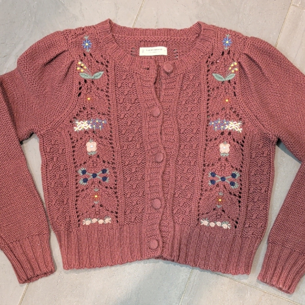 Lucky Brand Dusty Rose Embroidered Cable Knit Cardigan